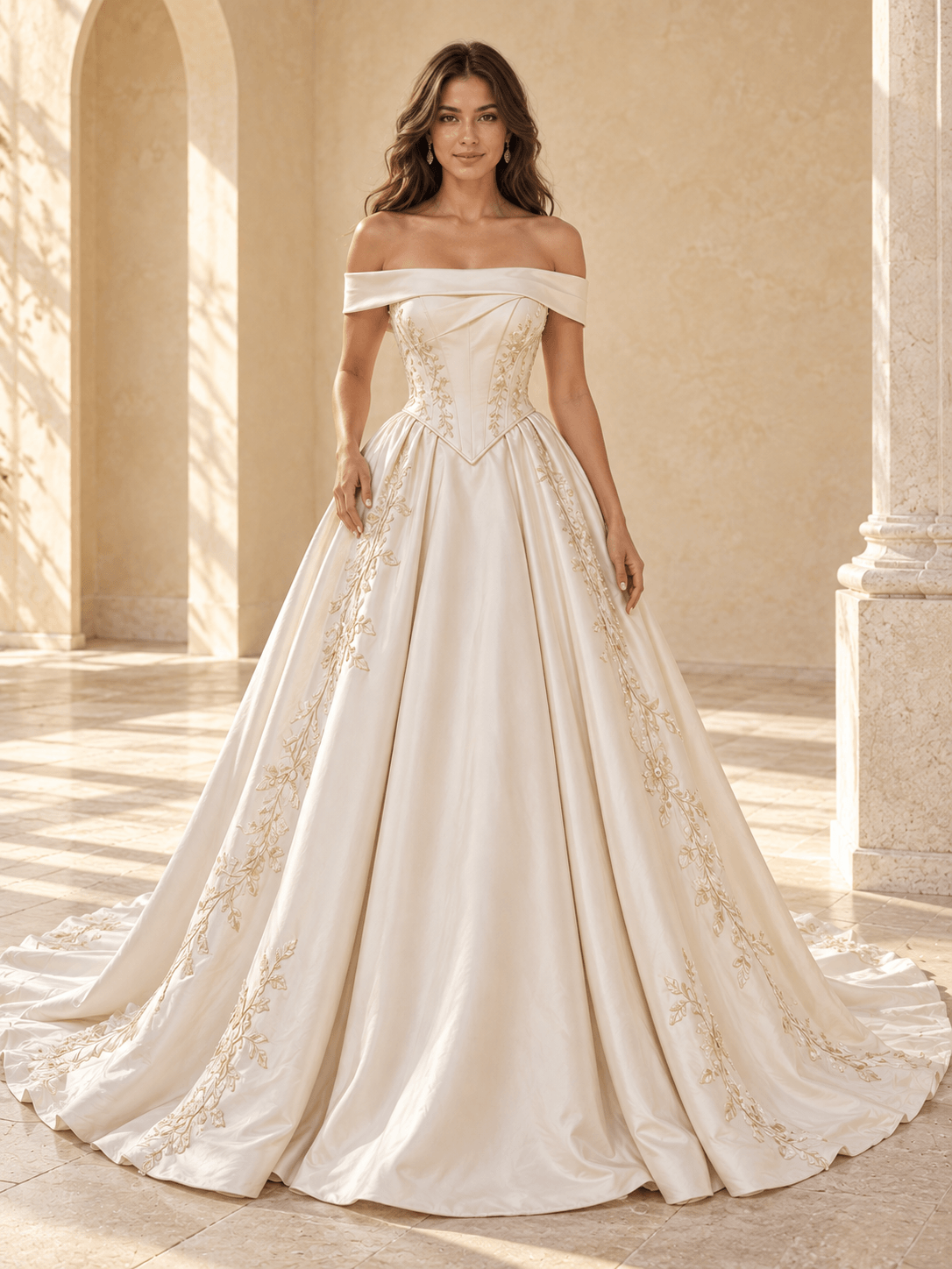 Off-the-Shoulder Satin Ball Gown Wedding Dress with Basque Waist & Lace Appliqués
