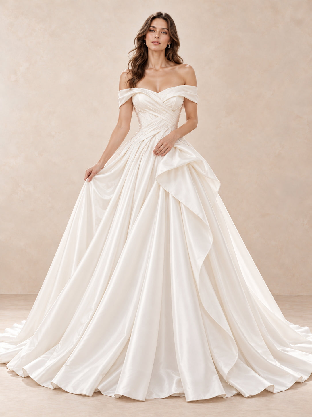 Off-the-Shoulder Satin Ball Gown Wedding Dress with Draped Details