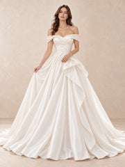 Off-the-Shoulder Satin Ball Gown Wedding Dress with Draped Details