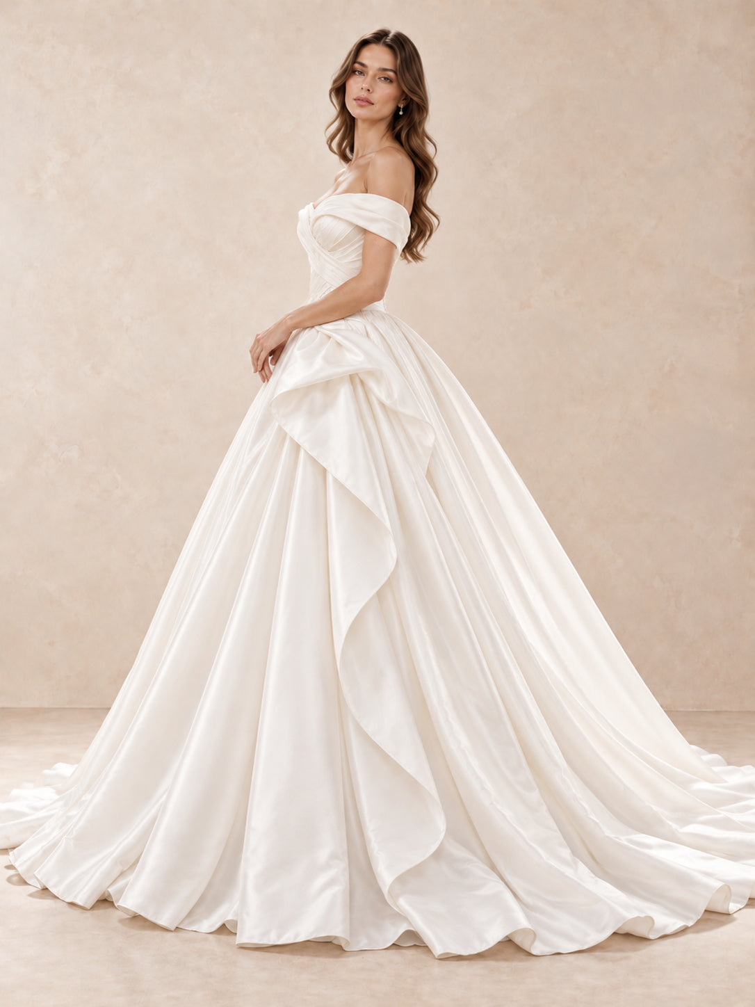 Off-the-Shoulder Satin Ball Gown Wedding Dress with Draped Details