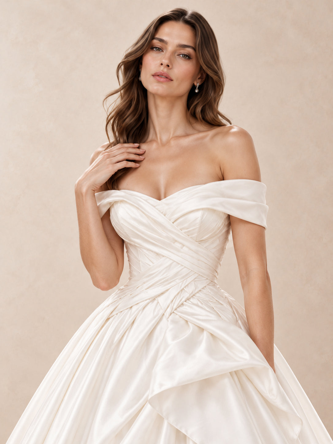 Off-the-Shoulder Satin Ball Gown Wedding Dress with Draped Details