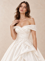 Off-the-Shoulder Satin Ball Gown Wedding Dress with Draped Details