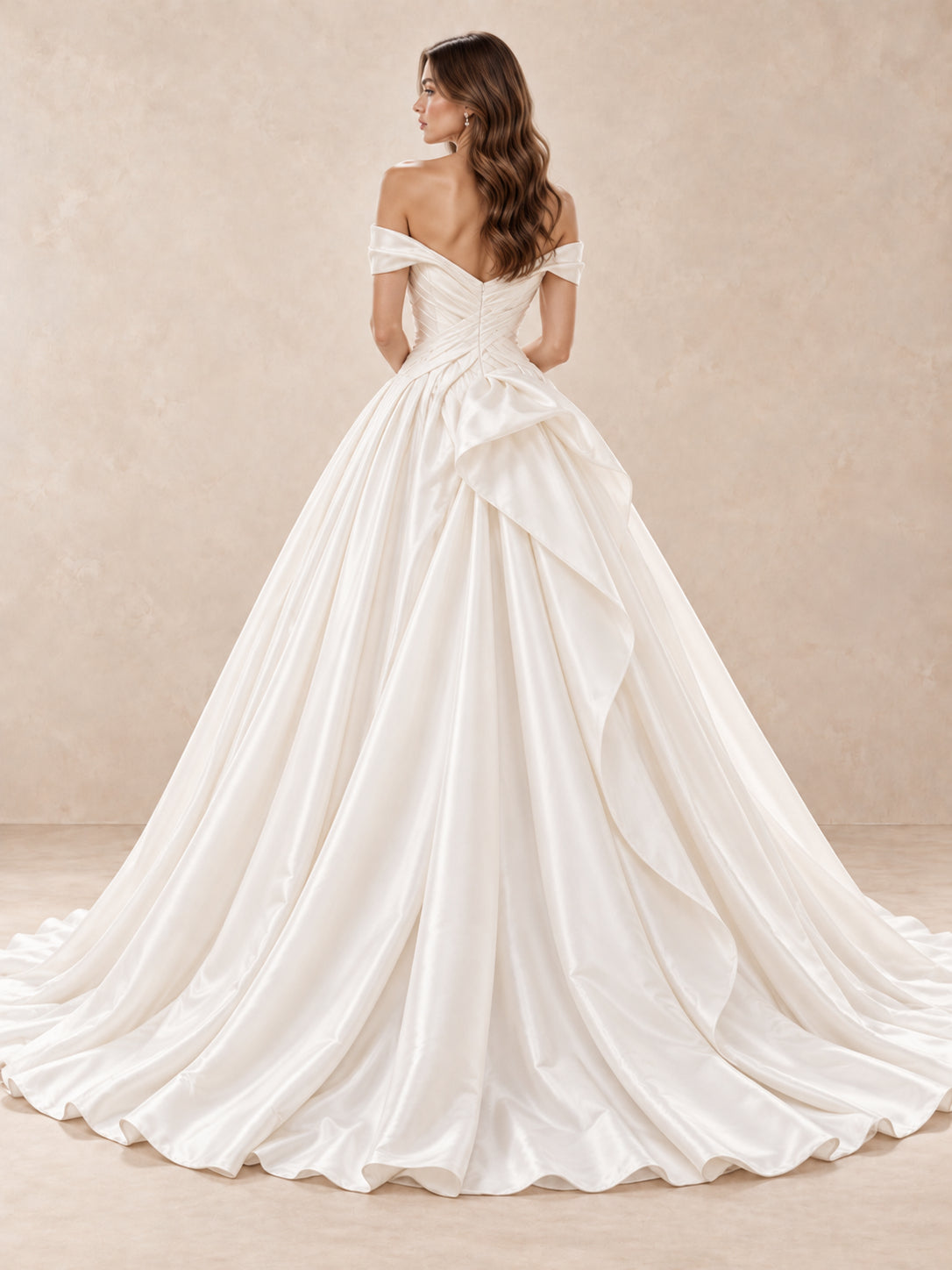 Off-the-Shoulder Satin Ball Gown Wedding Dress with Draped Details