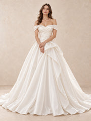 Off-the-Shoulder Satin Ball Gown Wedding Dress with Draped Details