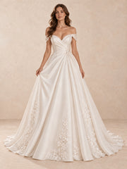 Off-the-Shoulder Satin Ball Gown Wedding Dress with Floral Appliqués