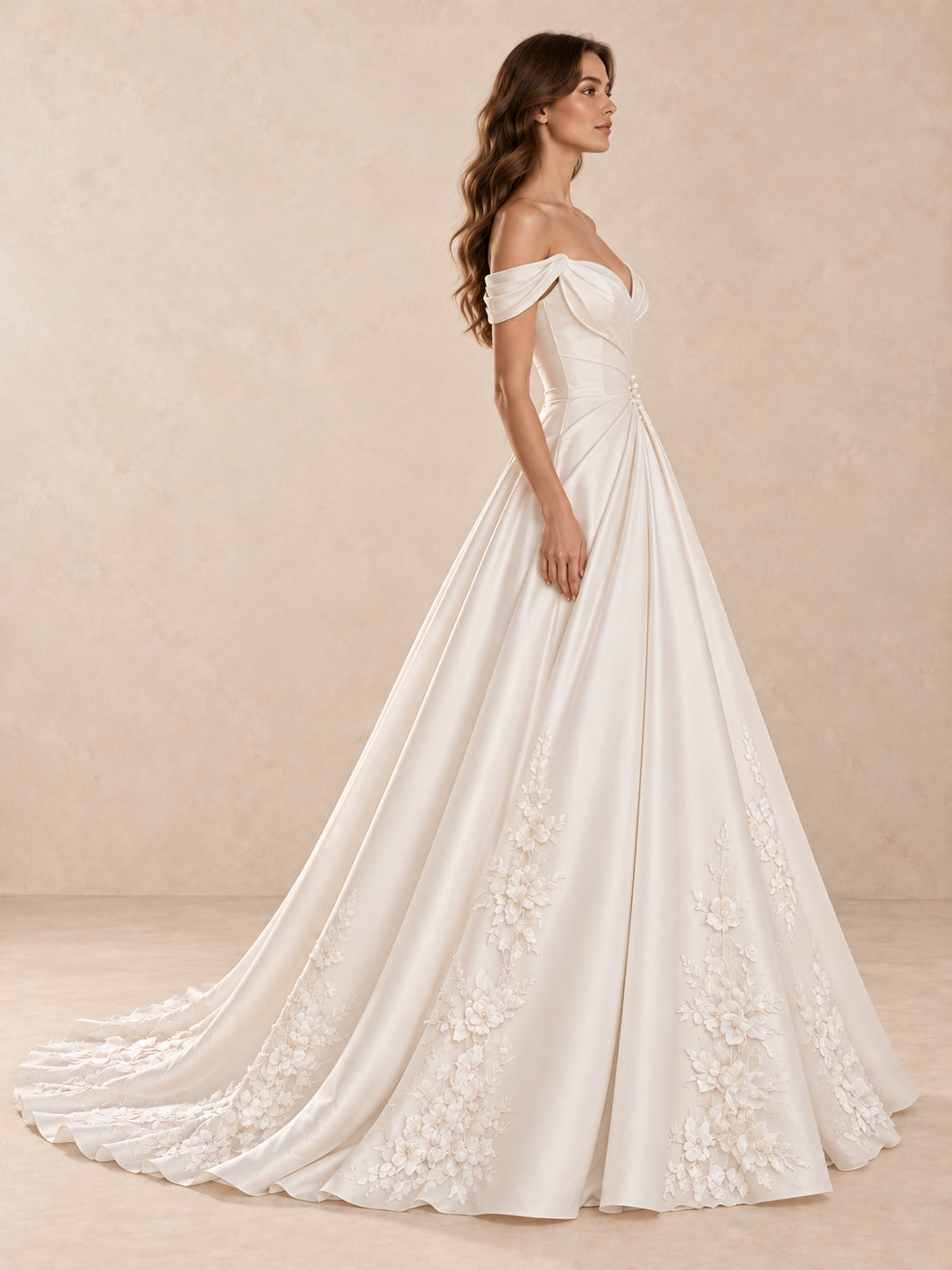 Off-the-Shoulder Satin Ball Gown Wedding Dress with Floral Appliqués