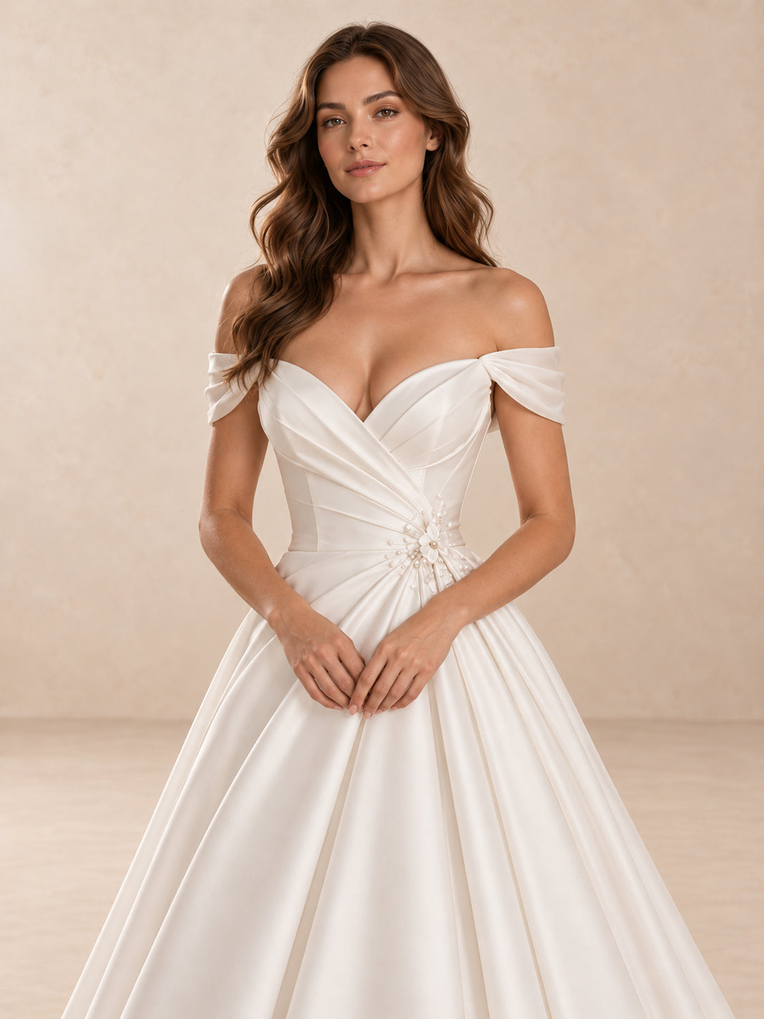 Off-the-Shoulder Satin Ball Gown Wedding Dress with Floral Appliqués
