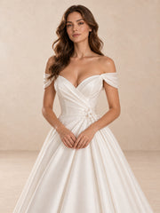 Off-the-Shoulder Satin Ball Gown Wedding Dress with Floral Appliqués