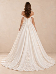 Off-the-Shoulder Satin Ball Gown Wedding Dress with Floral Appliqués