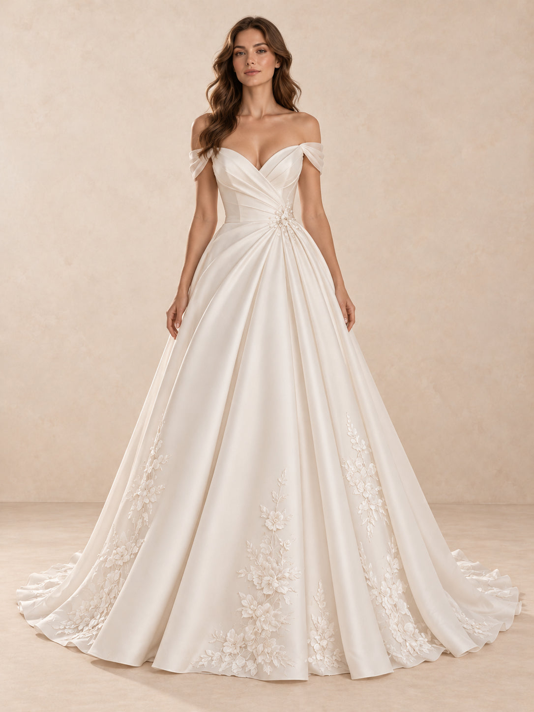 Off-the-Shoulder Satin Ball Gown Wedding Dress with Floral Appliqués