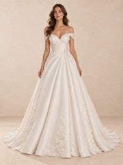 Off-the-Shoulder Satin Ball Gown Wedding Dress with Floral Appliqués