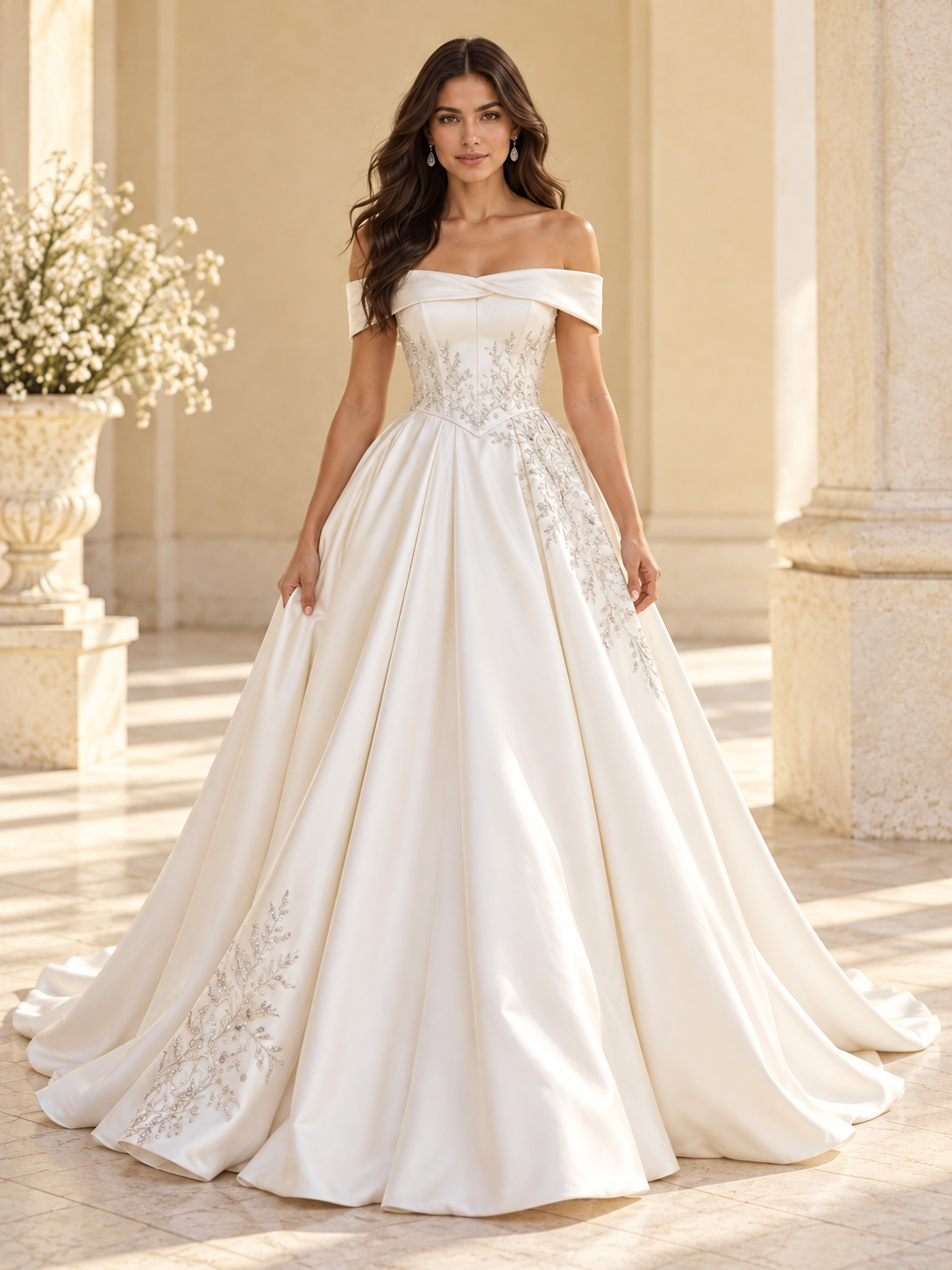 Off-the-Shoulder Satin Ball Gown Wedding Dress with Floral Embroidery