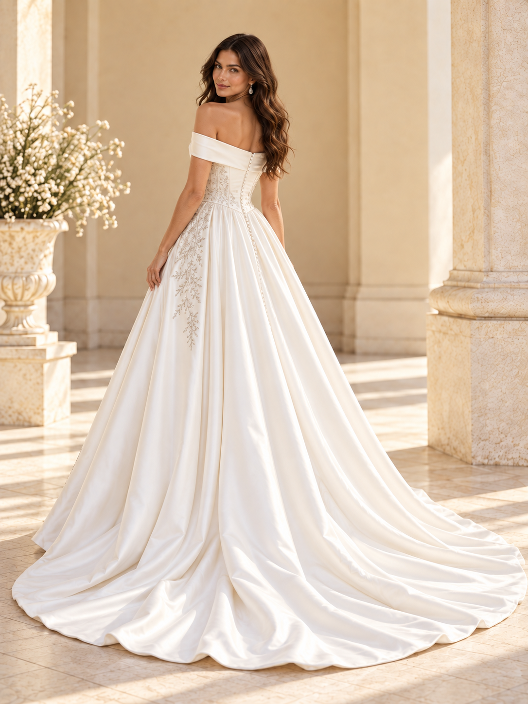 Off-the-Shoulder Satin Ball Gown Wedding Dress with Floral Embroidery