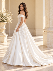 Off-the-Shoulder Satin Ball Gown Wedding Dress with Floral Embroidery