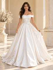 Off-the-Shoulder Satin Ball Gown Wedding Dress with Floral Embroidery