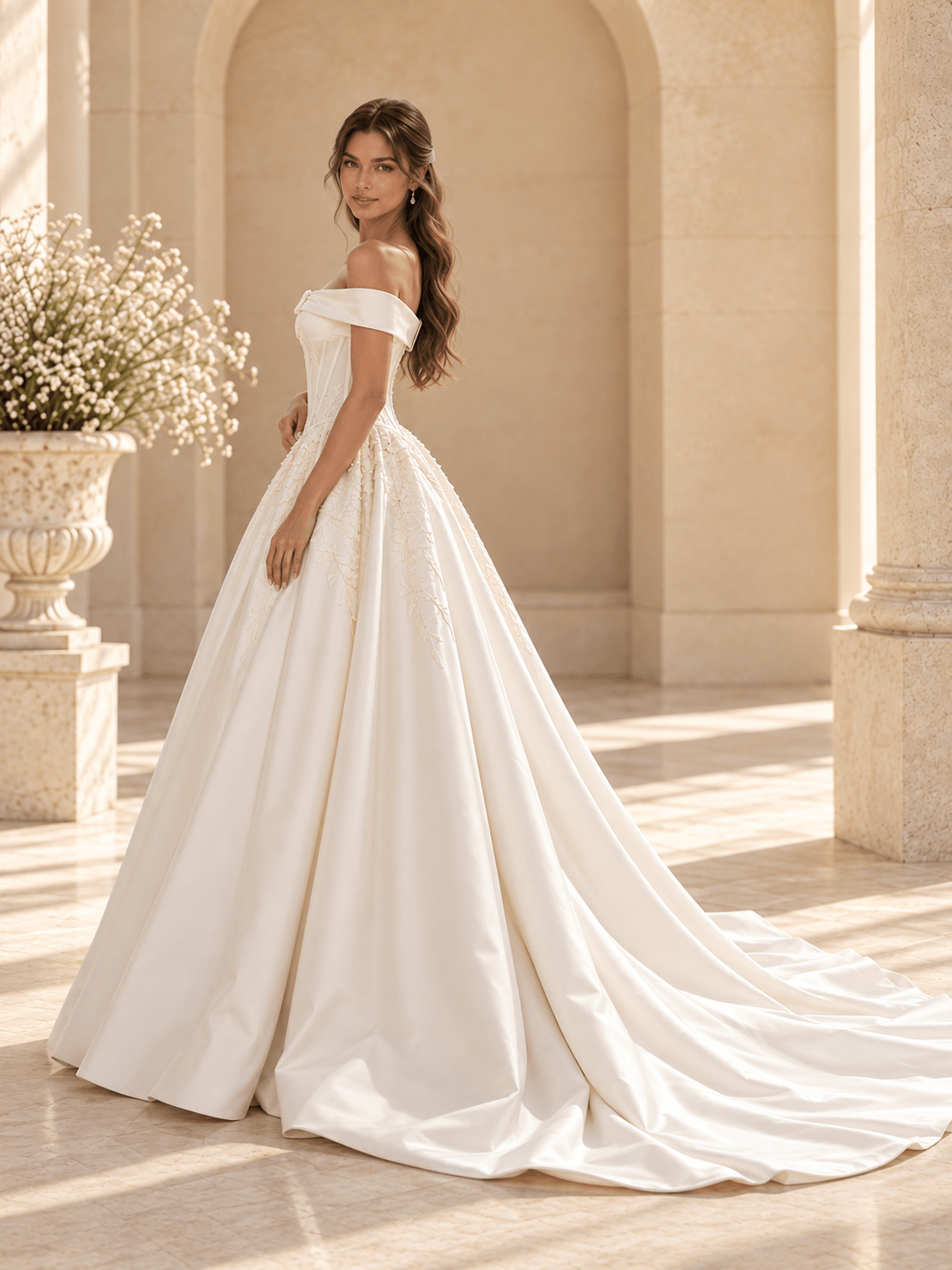 Off-the-Shoulder Satin Ball Gown Wedding Dress with Lace Appliqués