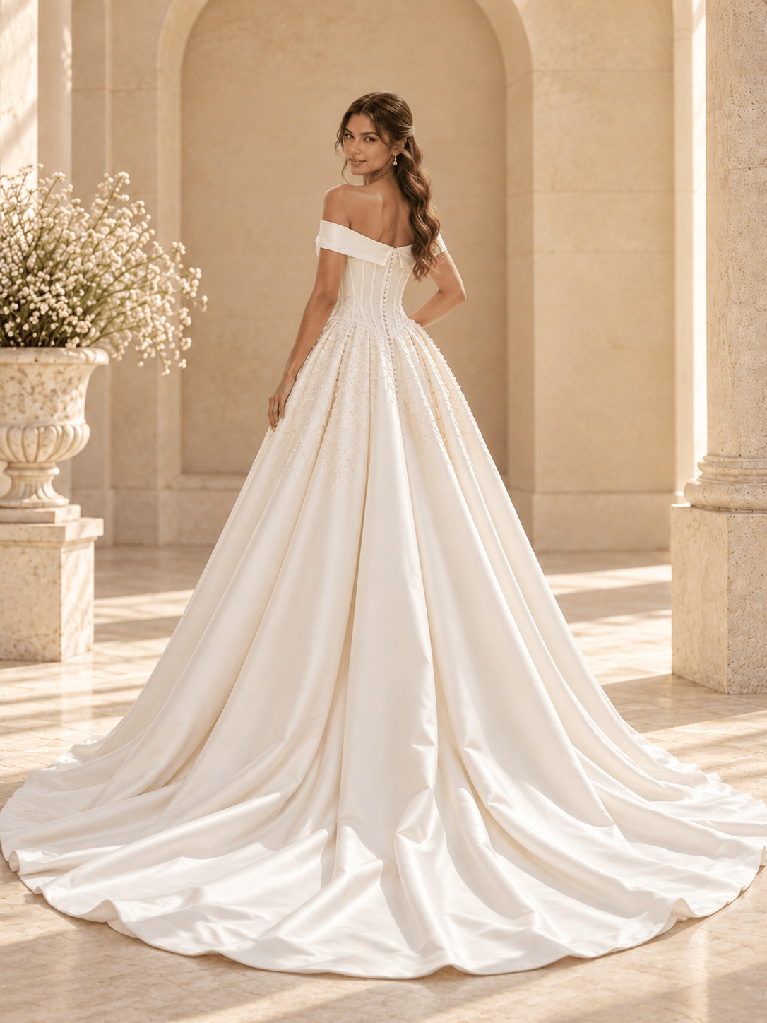 Off-the-Shoulder Satin Ball Gown Wedding Dress with Lace Appliqués