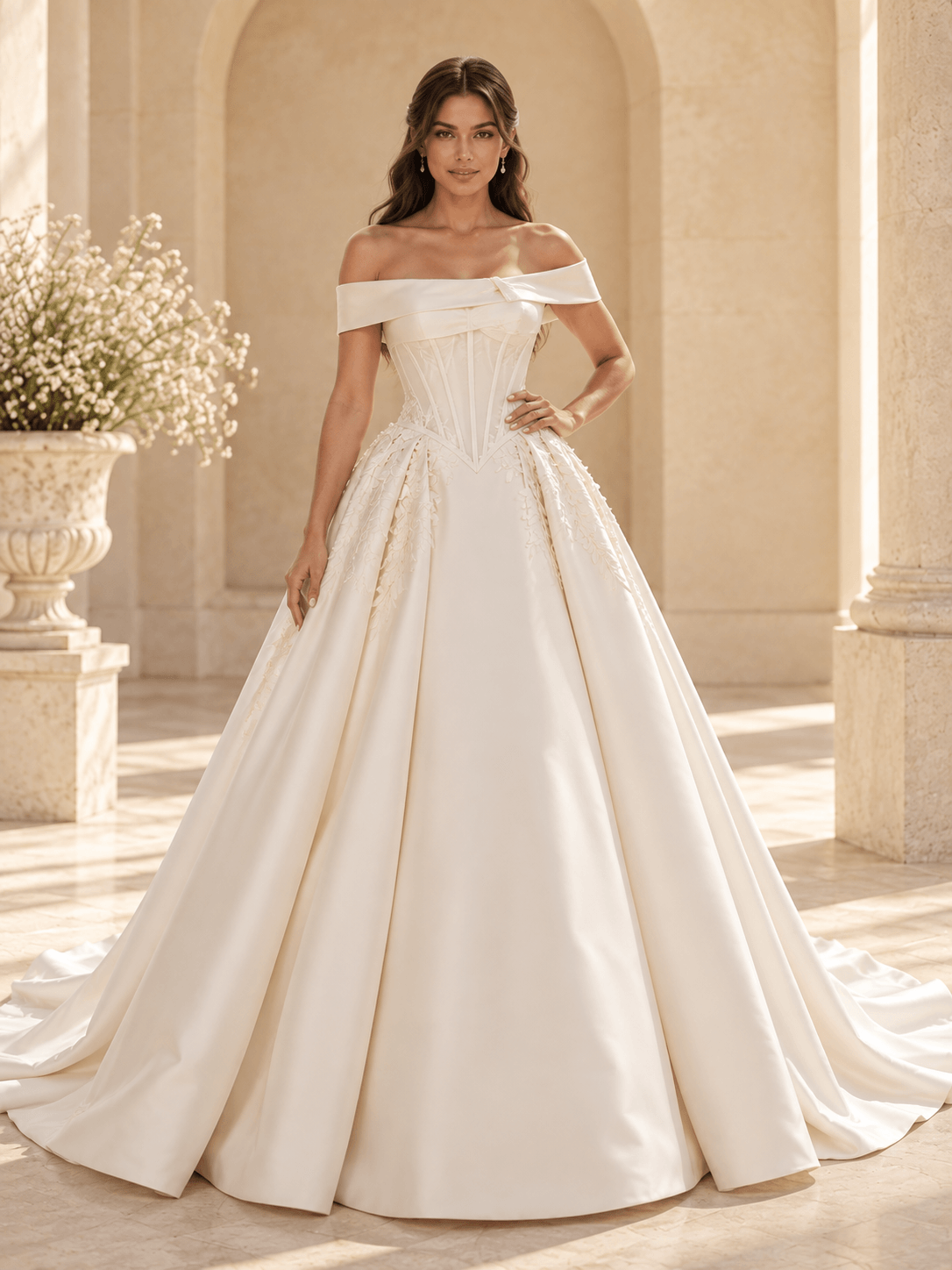 Off-the-Shoulder Satin Ball Gown Wedding Dress with Lace Appliqués