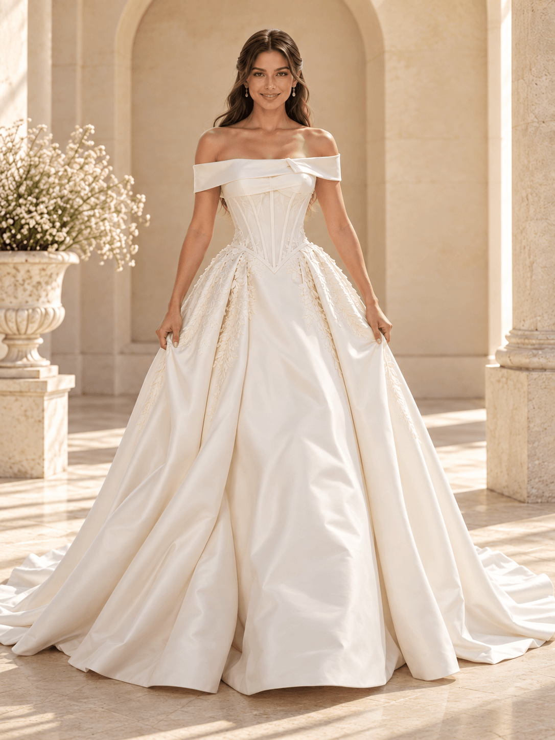 Off-the-Shoulder Satin Ball Gown Wedding Dress with Lace Appliqués