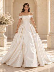 Off-the-Shoulder Satin Ball Gown Wedding Dress with Lace Appliqués
