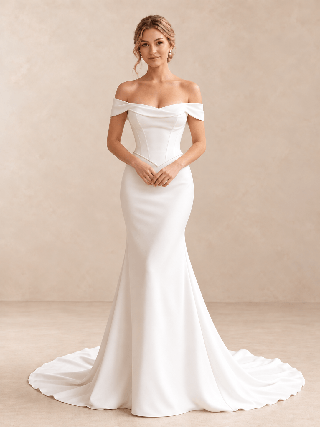 Off-the-Shoulder Satin Crepe Mermaid Wedding Dress with Basque Waist