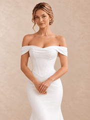 Off-the-Shoulder Satin Crepe Mermaid Wedding Dress with Basque Waist