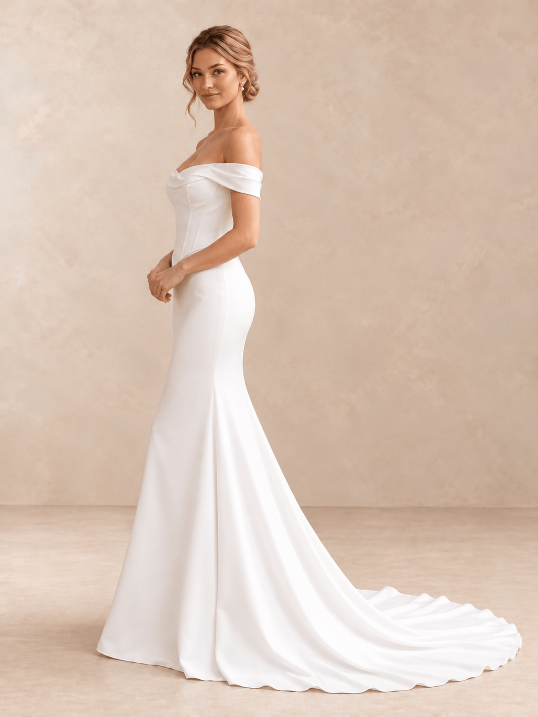 Off-the-Shoulder Satin Crepe Mermaid Wedding Dress with Basque Waist