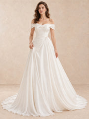 Off-the-Shoulder Satin Folded Sleeves A-Line Wedding Dress