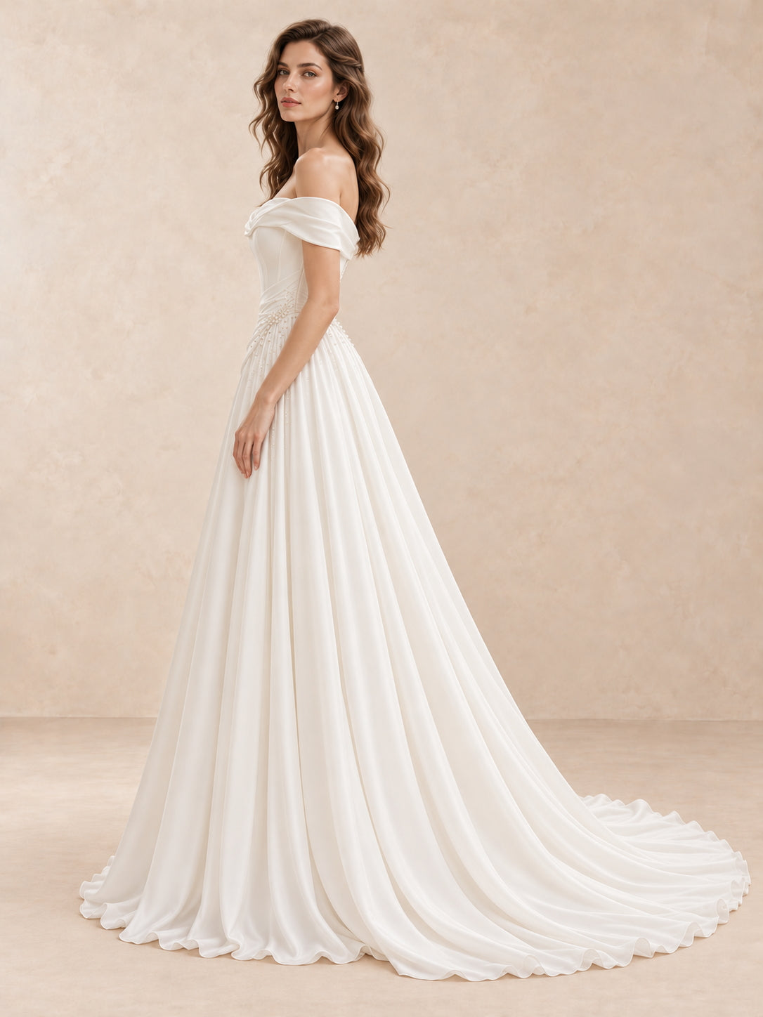 Off-the-Shoulder Satin Folded Sleeves A-Line Wedding Dress
