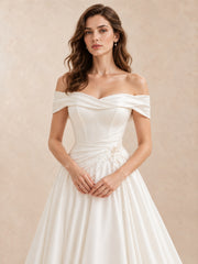 Off-the-Shoulder Satin Folded Sleeves A-Line Wedding Dress