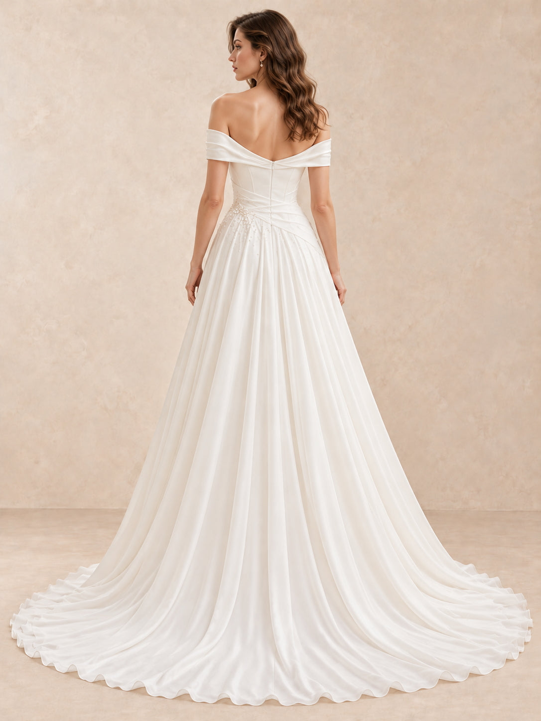 Off-the-Shoulder Satin Folded Sleeves A-Line Wedding Dress