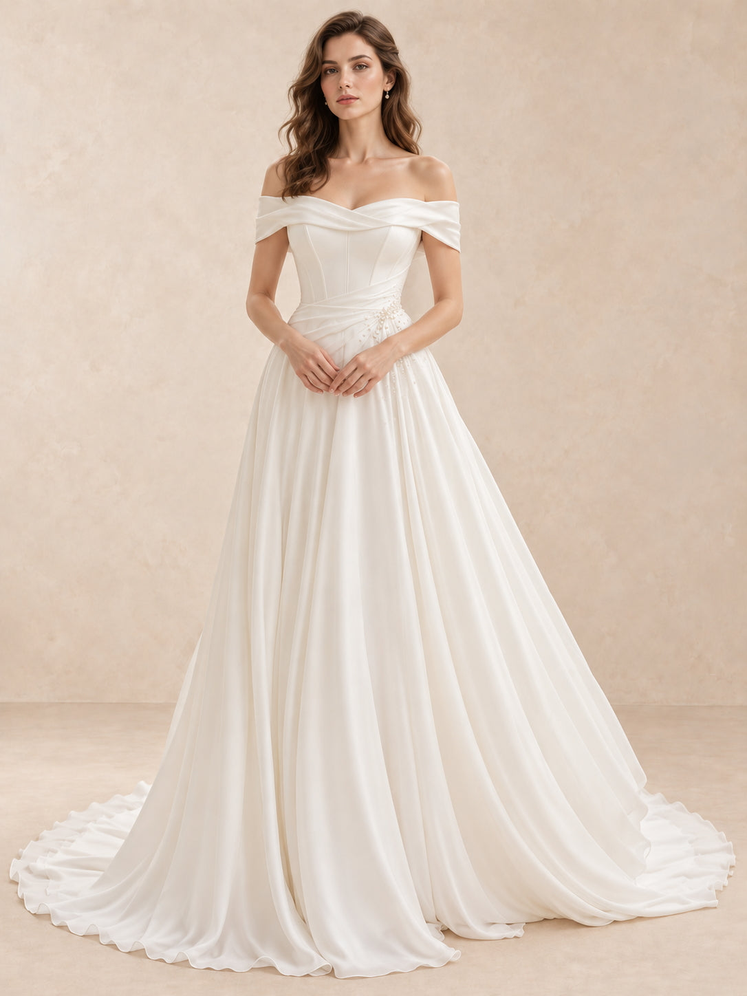 Off-the-Shoulder Satin Folded Sleeves A-Line Wedding Dress