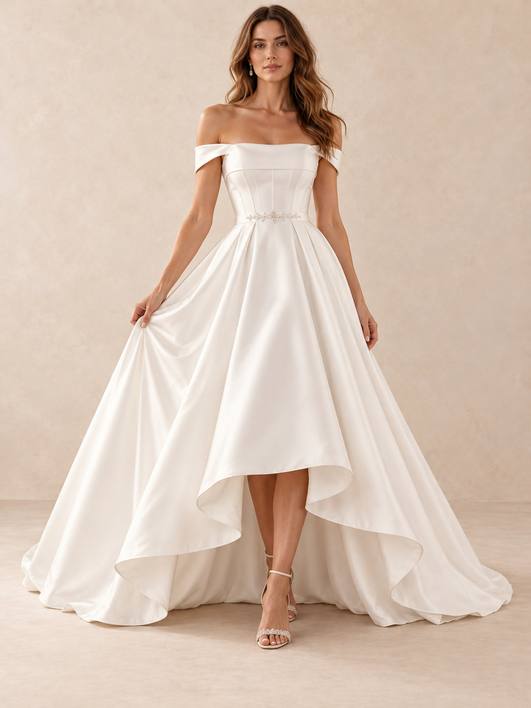 Off-the-Shoulder Satin High-Low Wedding Dress with Crystal Waist Detail
