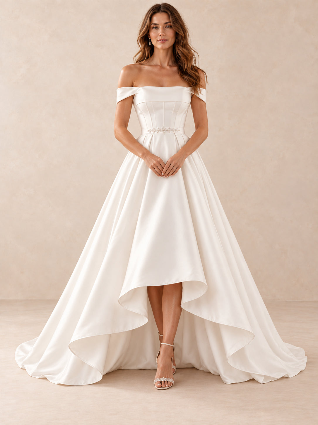 Off-the-Shoulder Satin High-Low Wedding Dress with Crystal Waist Detail