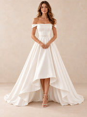 Off-the-Shoulder Satin High-Low Wedding Dress with Crystal Waist Detail
