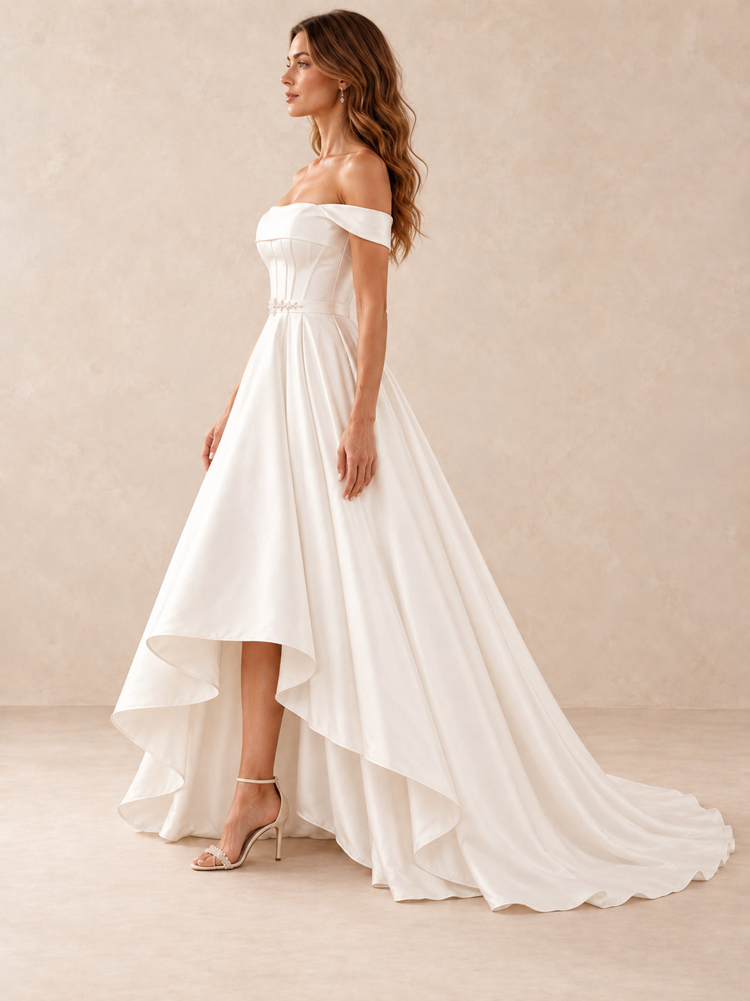 Off-the-Shoulder Satin High-Low Wedding Dress with Crystal Waist Detail
