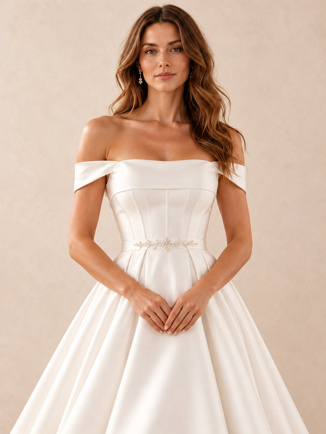 Off-the-Shoulder Satin High-Low Wedding Dress with Crystal Waist Detail