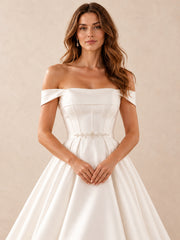 Off-the-Shoulder Satin High-Low Wedding Dress with Crystal Waist Detail