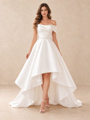 Off-the-Shoulder Satin High-Low Wedding Dress with Pearl Waist
