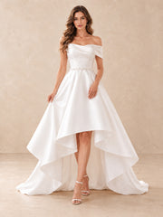 Off-the-Shoulder Satin High-Low Wedding Dress with Pearl Waist