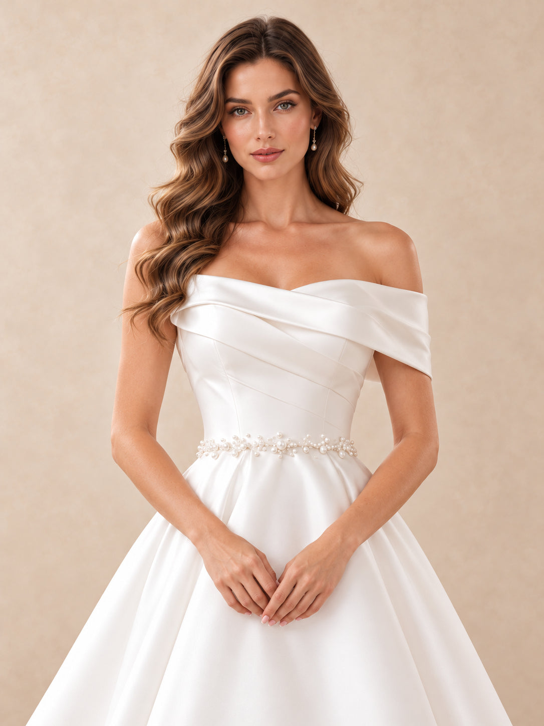 Off-the-Shoulder Satin High-Low Wedding Dress with Pearl Waist