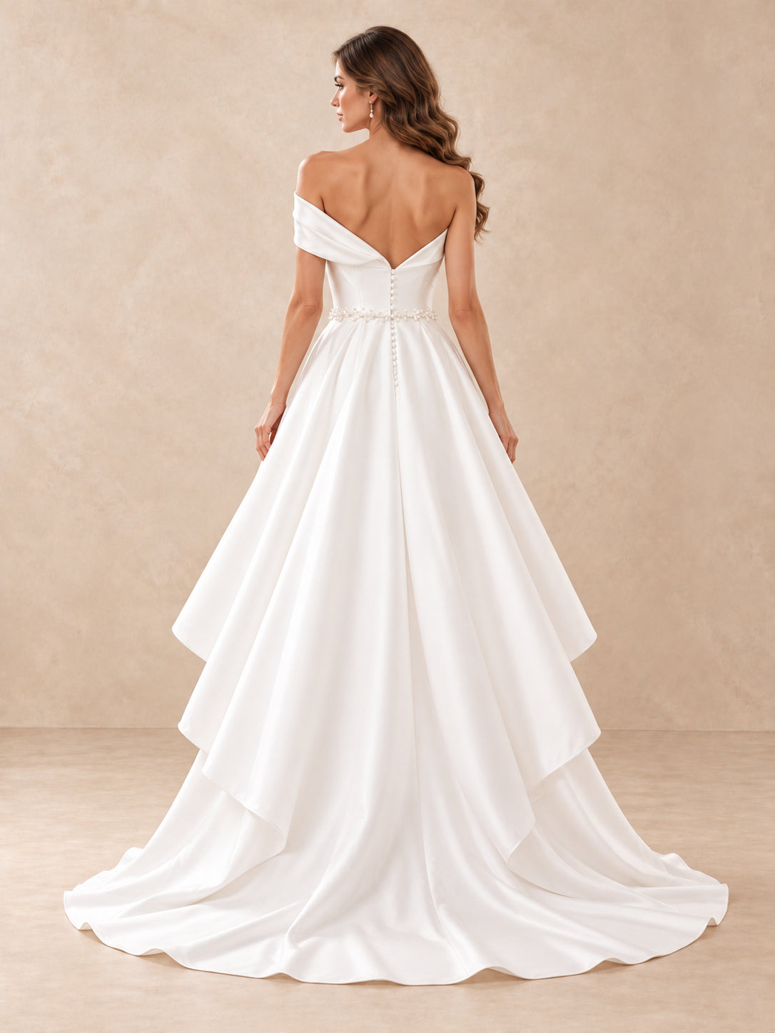 Off-the-Shoulder Satin High-Low Wedding Dress with Pearl Waist