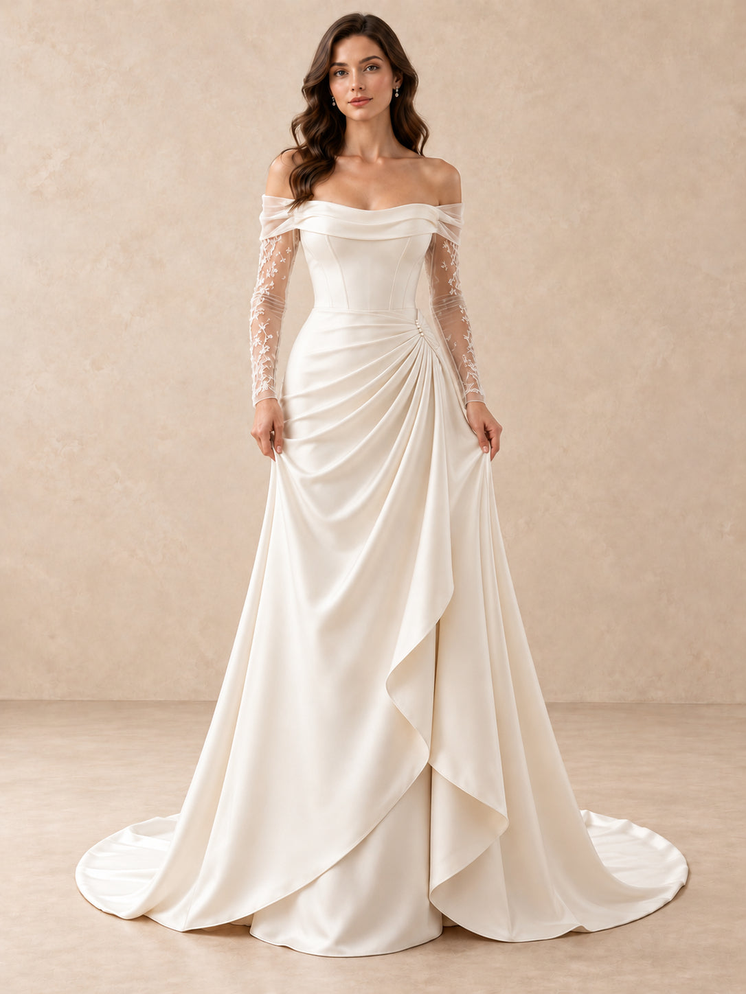 Off-the-Shoulder Satin Mermaid Sheer Lace Sleeves Wedding Dress