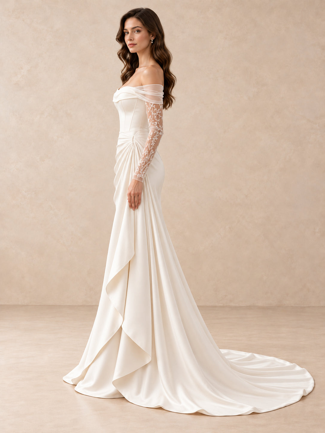 Off-the-Shoulder Satin Mermaid Sheer Lace Sleeves Wedding Dress
