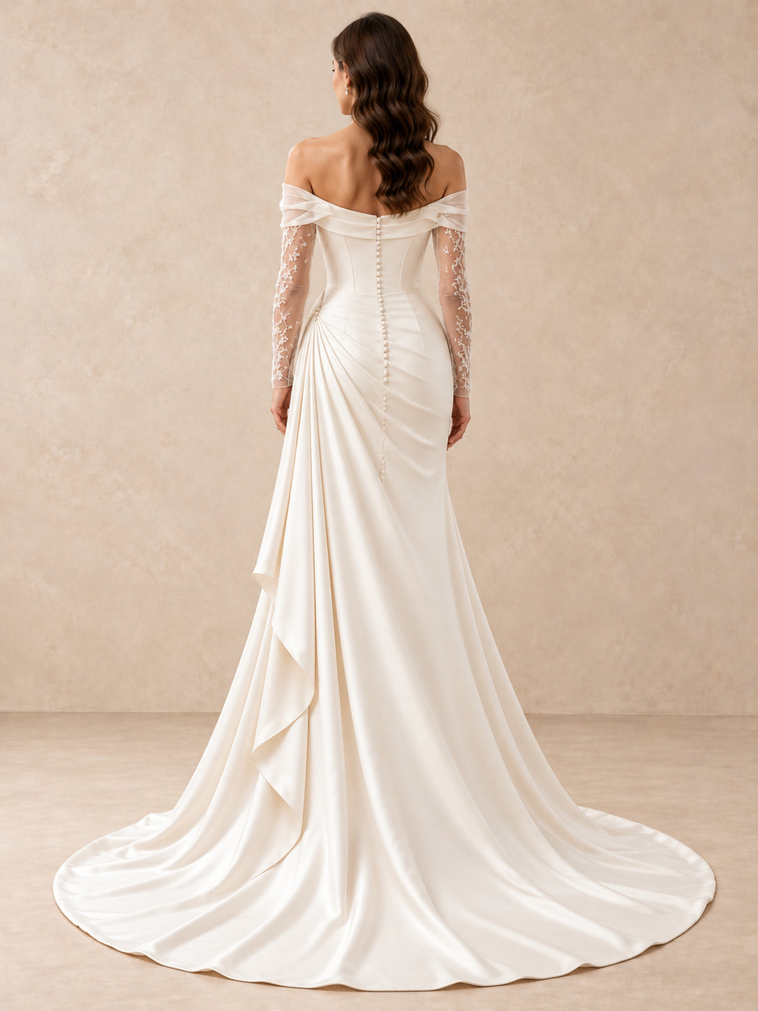 Off-the-Shoulder Satin Mermaid Sheer Lace Sleeves Wedding Dress