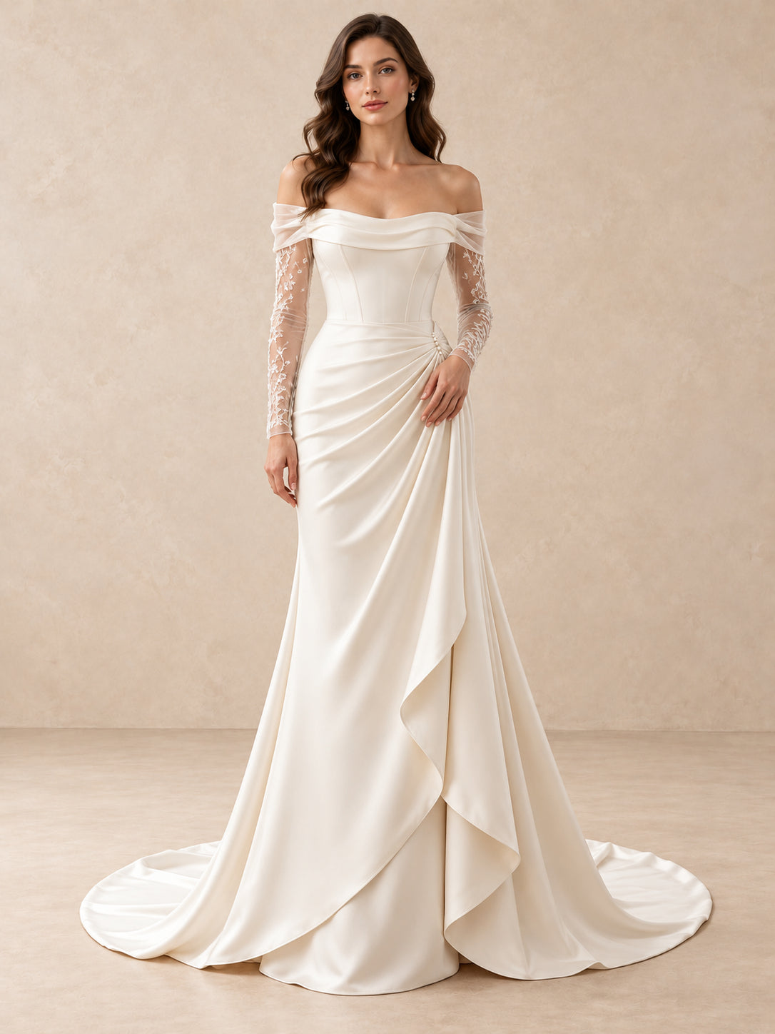Off-the-Shoulder Satin Mermaid Sheer Lace Sleeves Wedding Dress