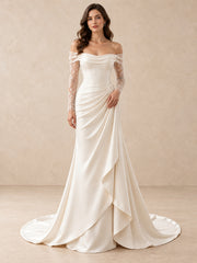 Off-the-Shoulder Satin Mermaid Sheer Lace Sleeves Wedding Dress
