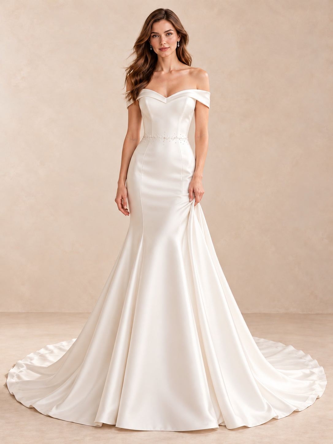 Off-the-Shoulder Satin Mermaid Wedding Dress with Sweep Train