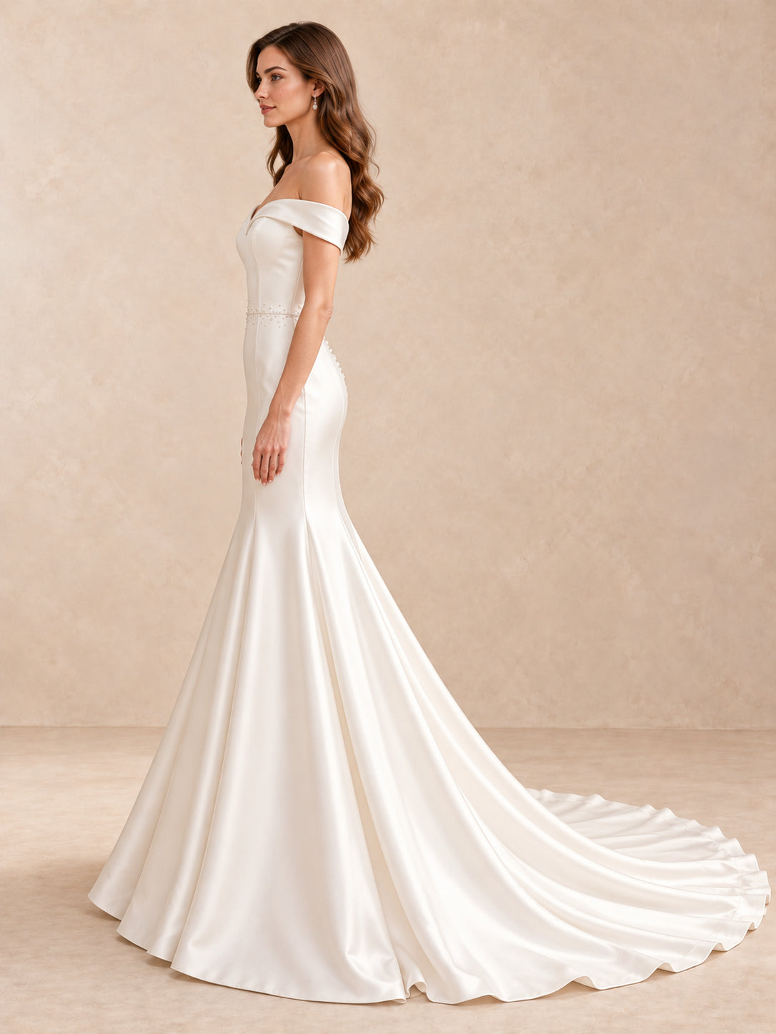 Off-the-Shoulder Satin Mermaid Wedding Dress with Sweep Train