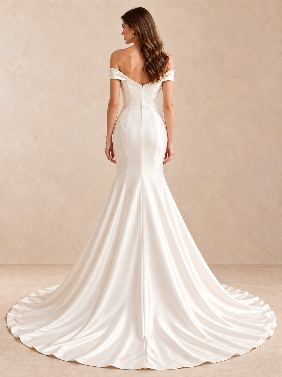 Off-the-Shoulder Satin Mermaid Wedding Dress with Sweep Train